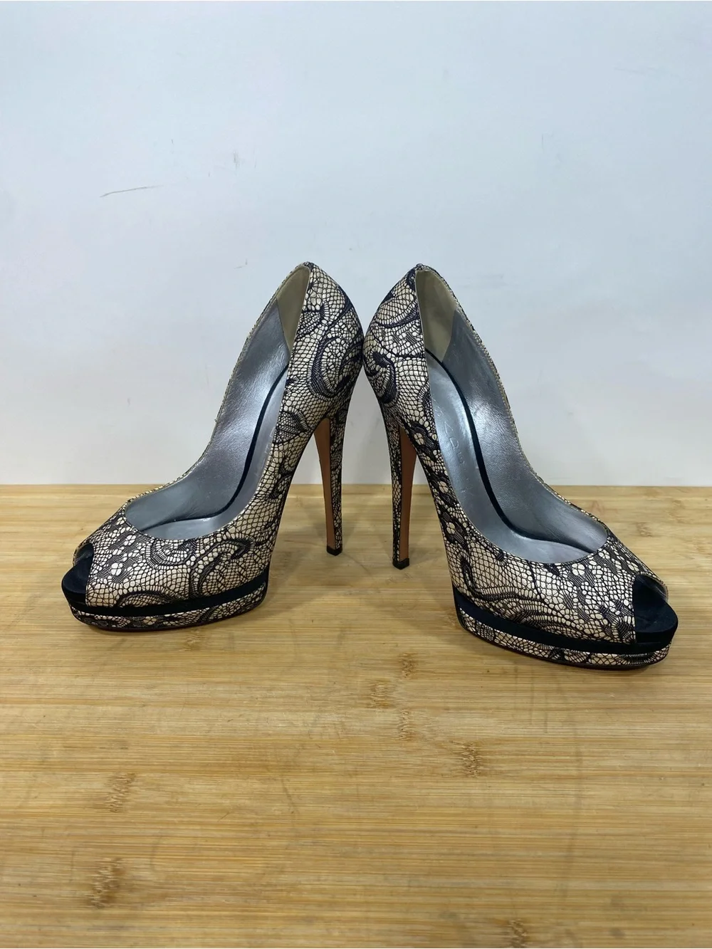 Casadei 6 B Black Lace Peep-Toe Platform Pumps high heels Italy 145mm stiletto